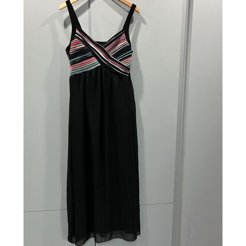 Vintage Robbie Bee Maxi Gown Dress Sz 14 Black Chiffon Multi Color Pin Tucks - Picture 2 of 9